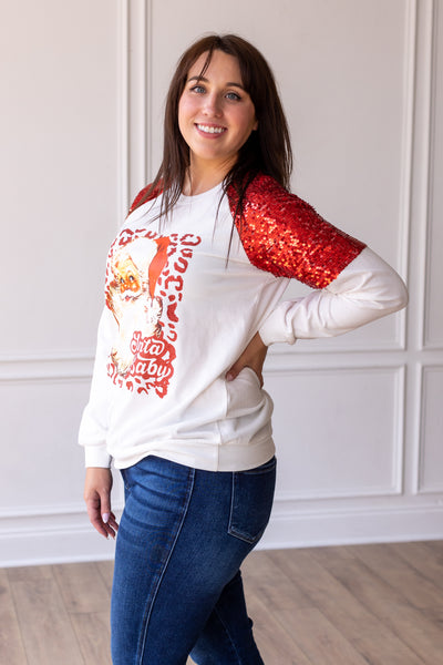 Santa on White Sweatshirt with Red Sequin Details