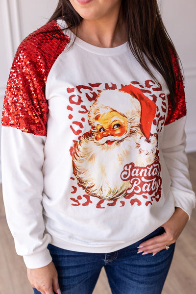 Santa on White Sweatshirt with Red Sequin Details