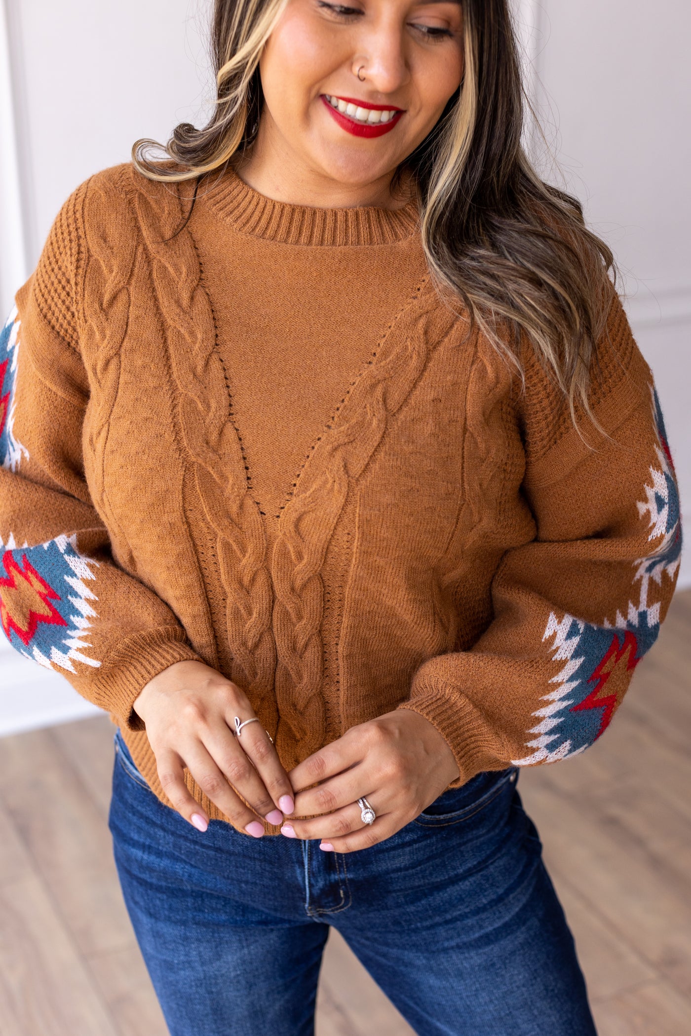 Terracotta Horizon Aztec Sleeve Sweater