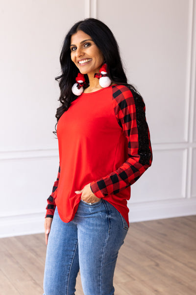 Red Top with Buffalo Plaid Raglan Sleeves