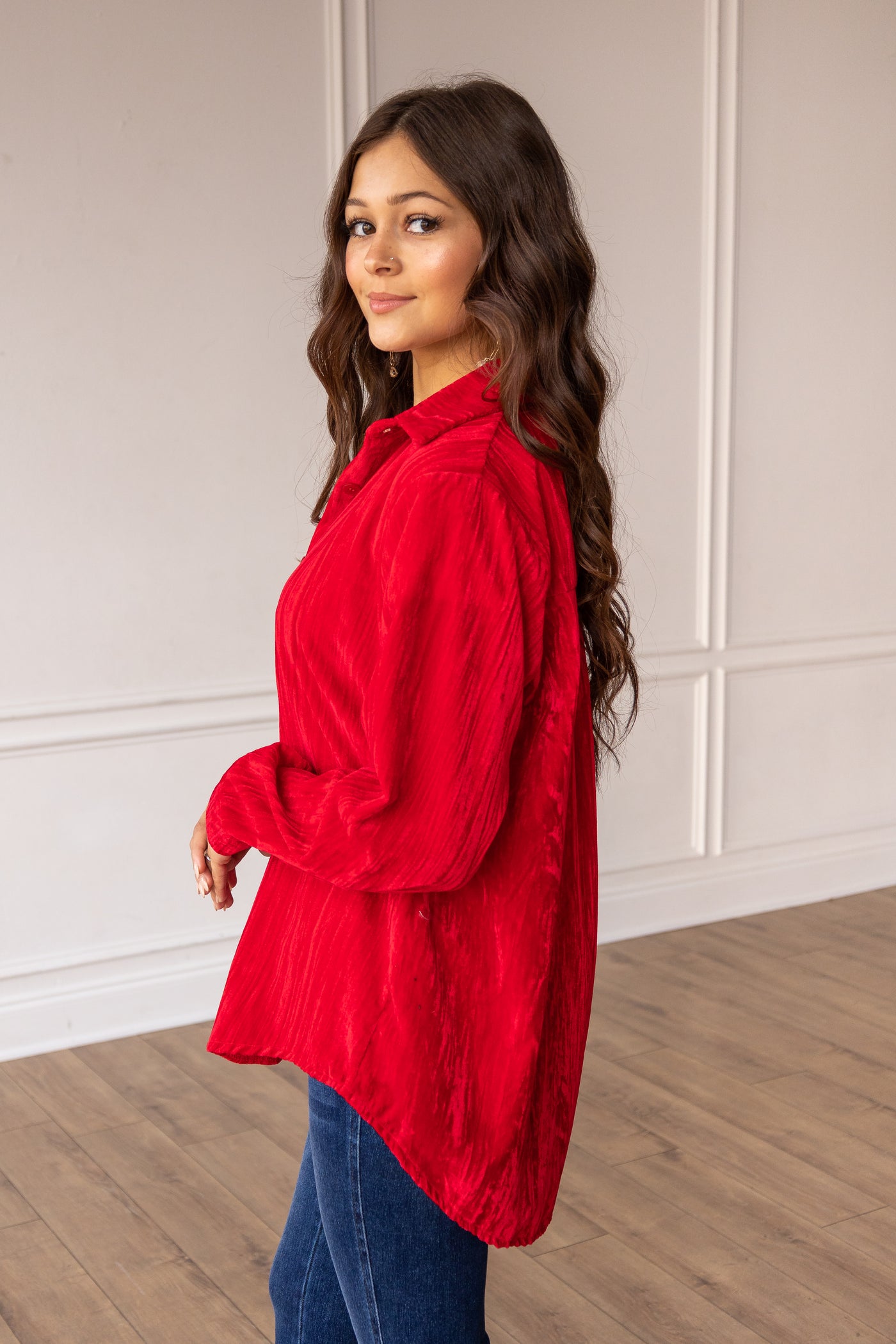 Red Velvet Button Up Top