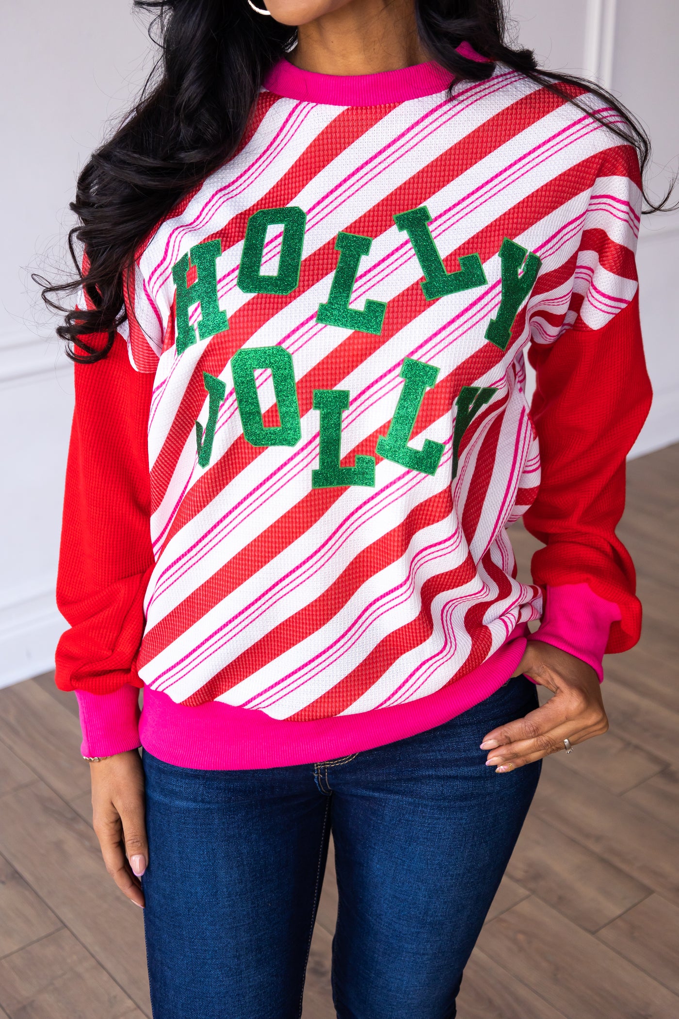 Candy Cane Striped Top with Holly Jolly