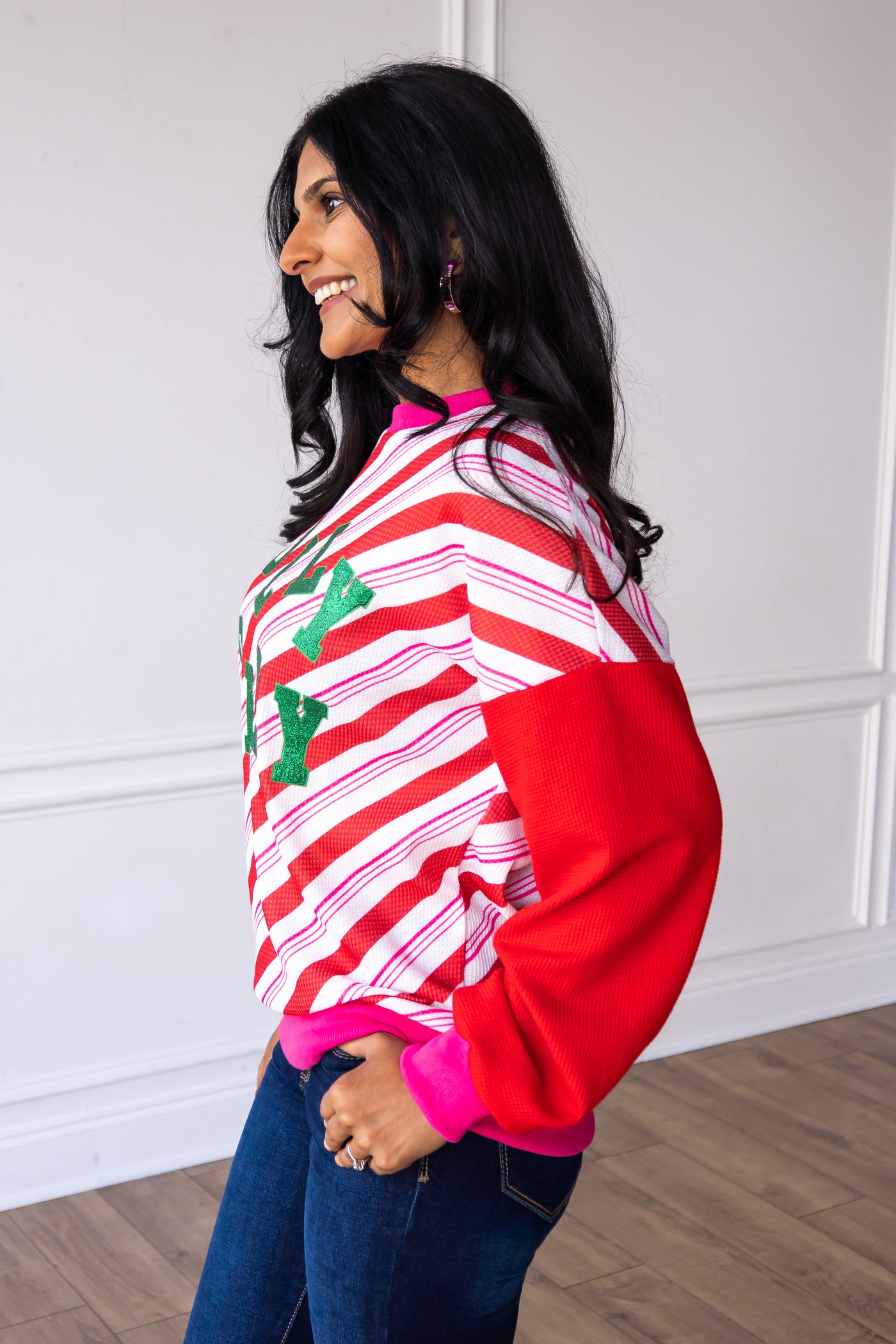 Candy Cane Striped Top with Holly Jolly