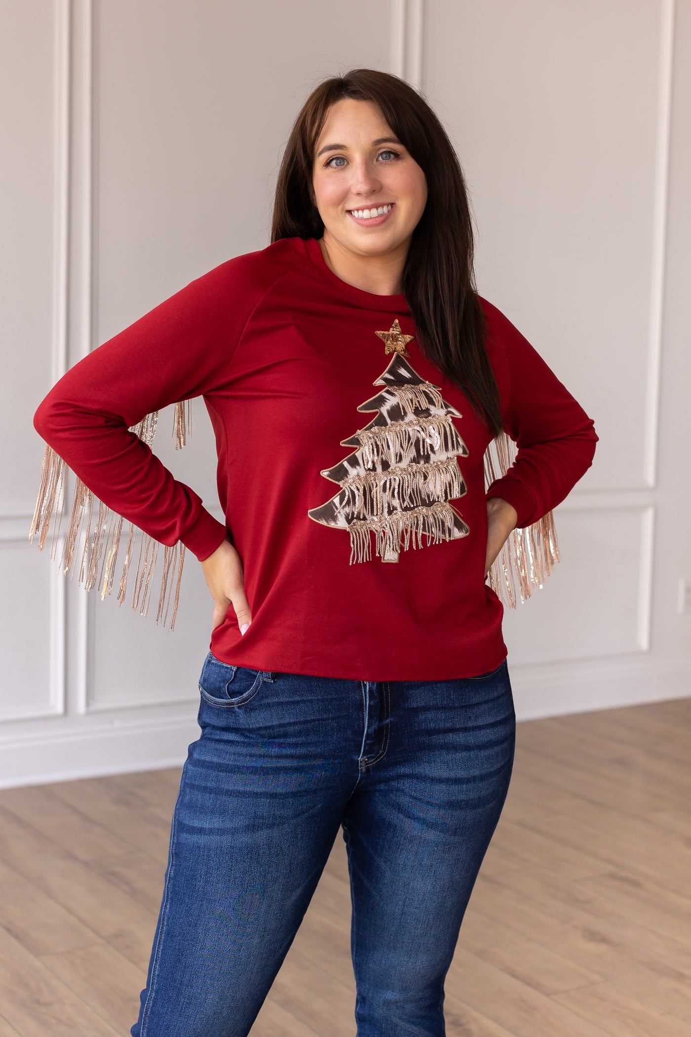 Red Top With Cowhide Tree and Sequin Fringe