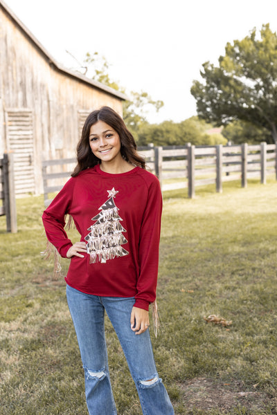 Red Top With Cowhide Tree and Sequin Fringe