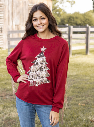 Red Top With Cowhide Tree and Sequin Fringe