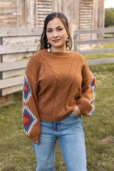 Terracotta Horizon Aztec Sleeve Sweater