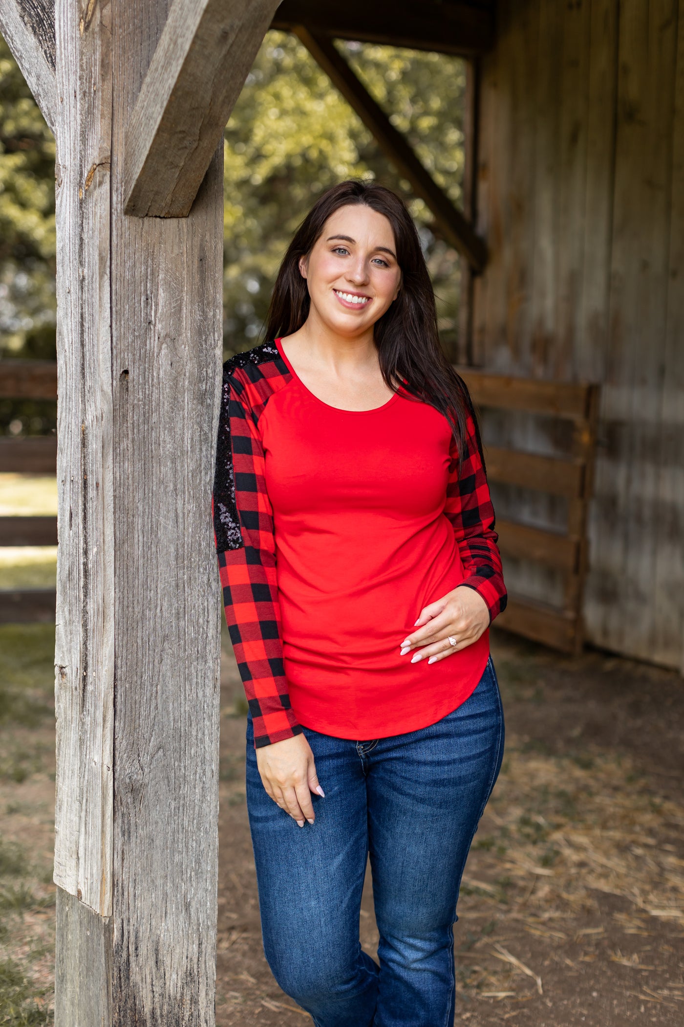 Red Top with Buffalo Plaid Raglan Sleeves