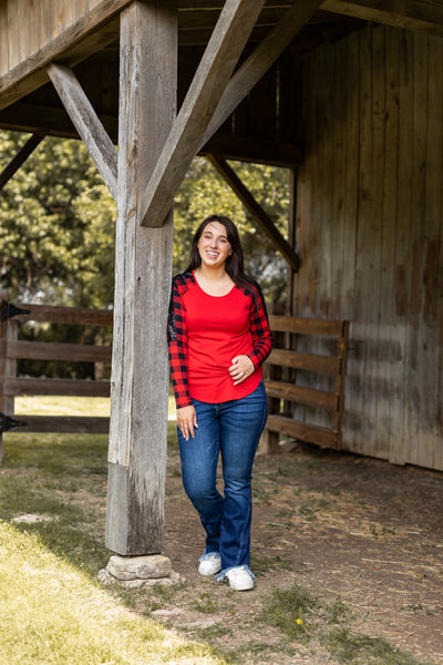 Red Top with Buffalo Plaid Raglan Sleeves