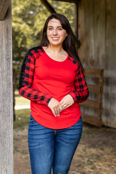 Red Top with Buffalo Plaid Raglan Sleeves