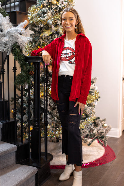 Red Velvet Button Up Top