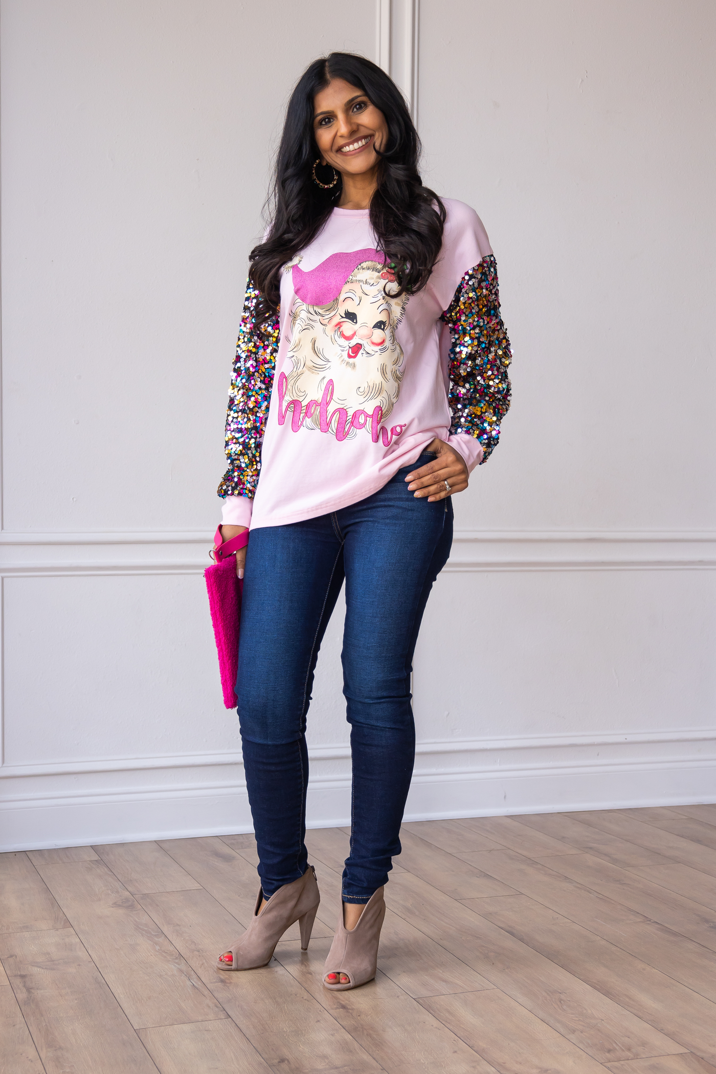 Santa on Pink Sweatshirt with Sequin Sleeves