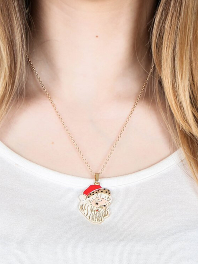 Simple Santa Claus with Leopard Santa Hat Necklace, Gold