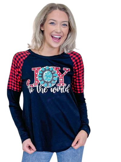 Joy to the World on Black Long Sleeve & Plaid Shoulders