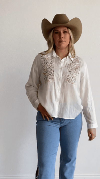Button-Up with Embroidered Yoke, White