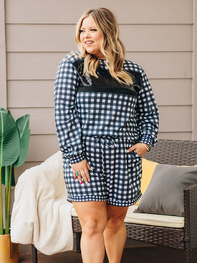 Stylin in Gingham Loungewear Set with Shorts and Sequins