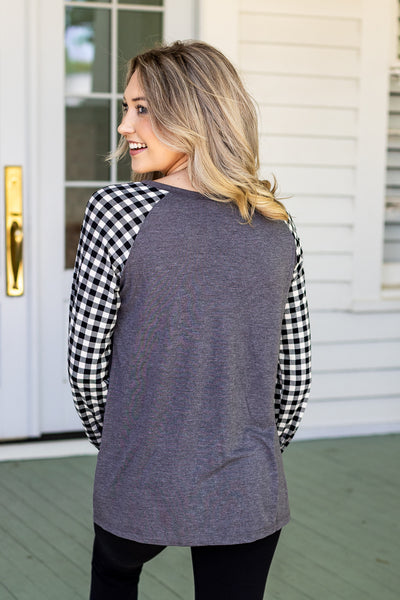 Gobble Gobble Gobble on Grey Longsleeve Tee with White Gingham Sleeves