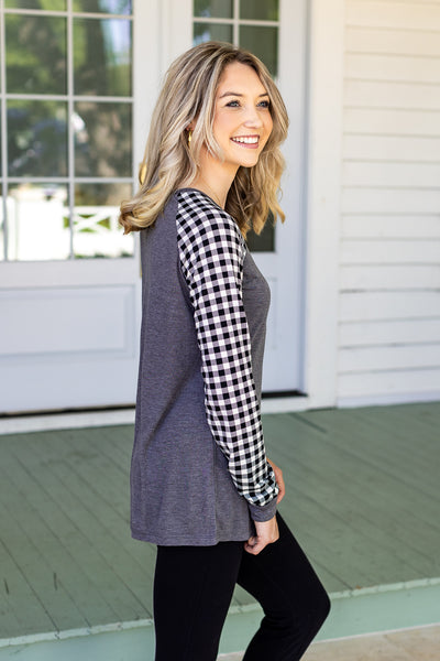 Gobble Gobble Gobble on Grey Longsleeve Tee with White Gingham Sleeves