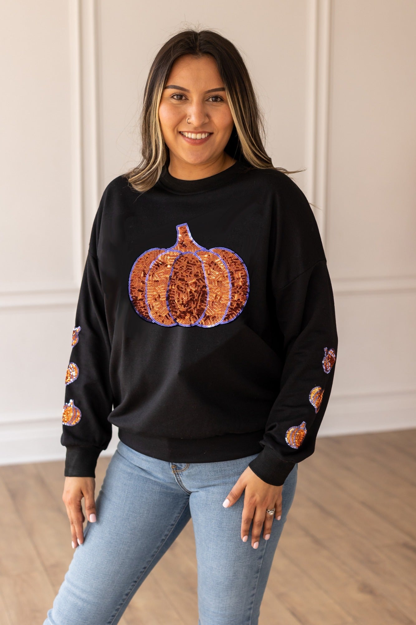 Pumpkin Radiance Crewneck with Pumpkin Sequin Sleeves