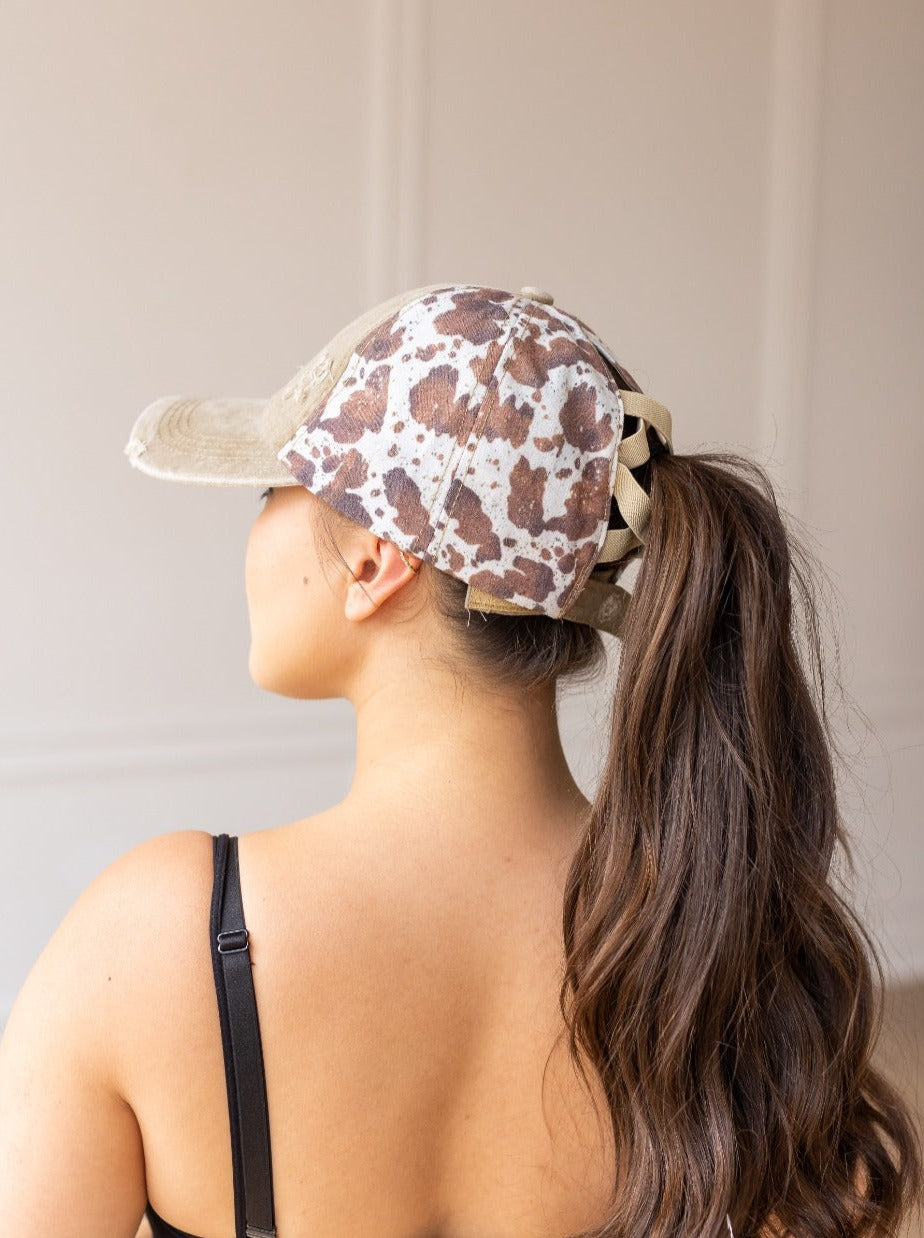 Distressed Light Brown and Brown Cow High Ponytail Hat