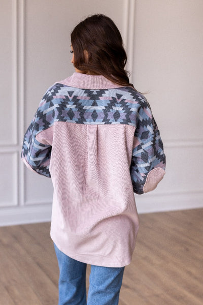 The Finish Touch Pink Aztec Button Down Aztec Shacket
