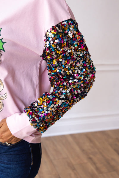 Santa on Pink Sweatshirt with Sequin Sleeves