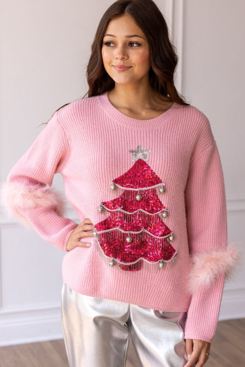 Beaded Christmas Tree Pink Sweater