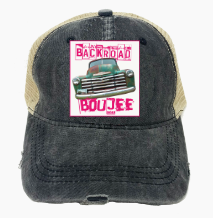 Backroad Boujee Patch on Charcoal High Ponytail Hat with Stripe Under-Bill & Beige Mesh