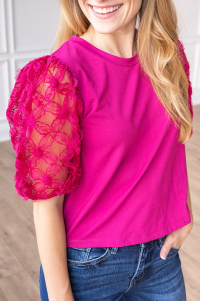 Midnight Blossom Magenta Floral Puff Sleeve