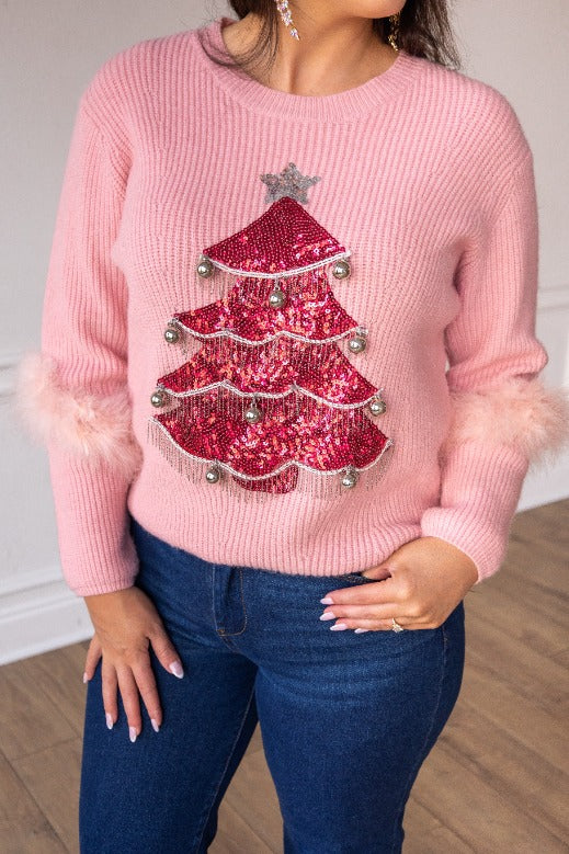 Beaded Christmas Tree Pink Sweater