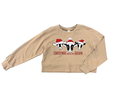 Christmas With My Herd on Carmel Macchiato Tan Cropped Sweatshirt