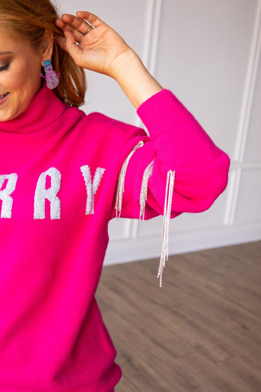 Pink Sweater with Merry and Rhinestone Tassel