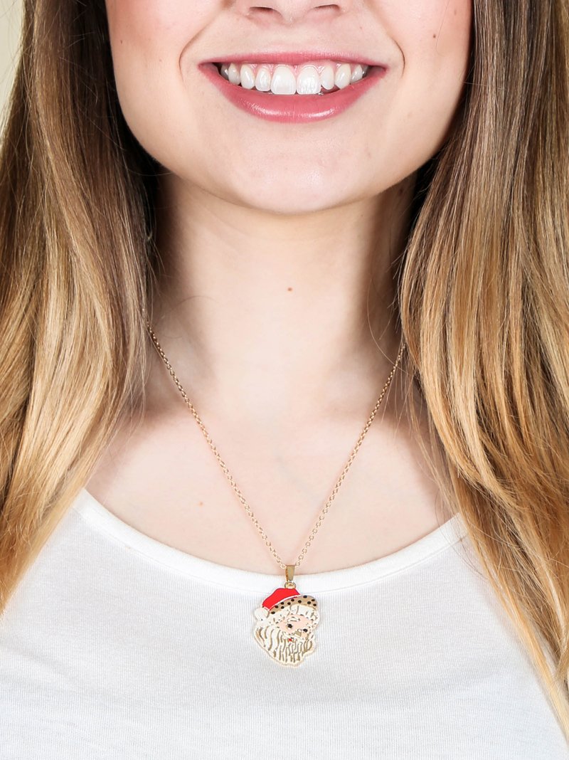 Simple Santa Claus with Leopard Santa Hat Necklace, Gold