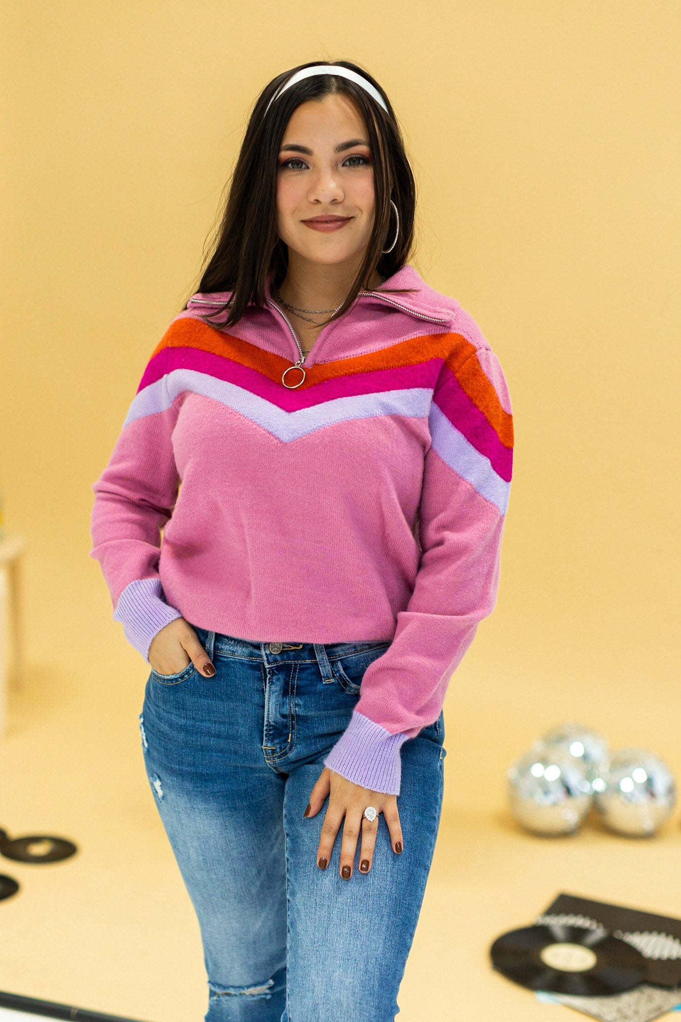 Vintage Vibes Pink Quarter Zip Sweater