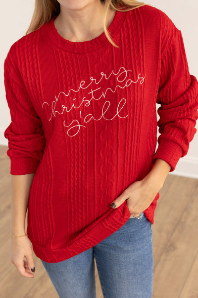 Merry Christmas Y'all" on Red Knit Sweater
