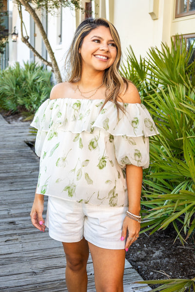 Garden Rose Cream and Sage Ruffle Blouse