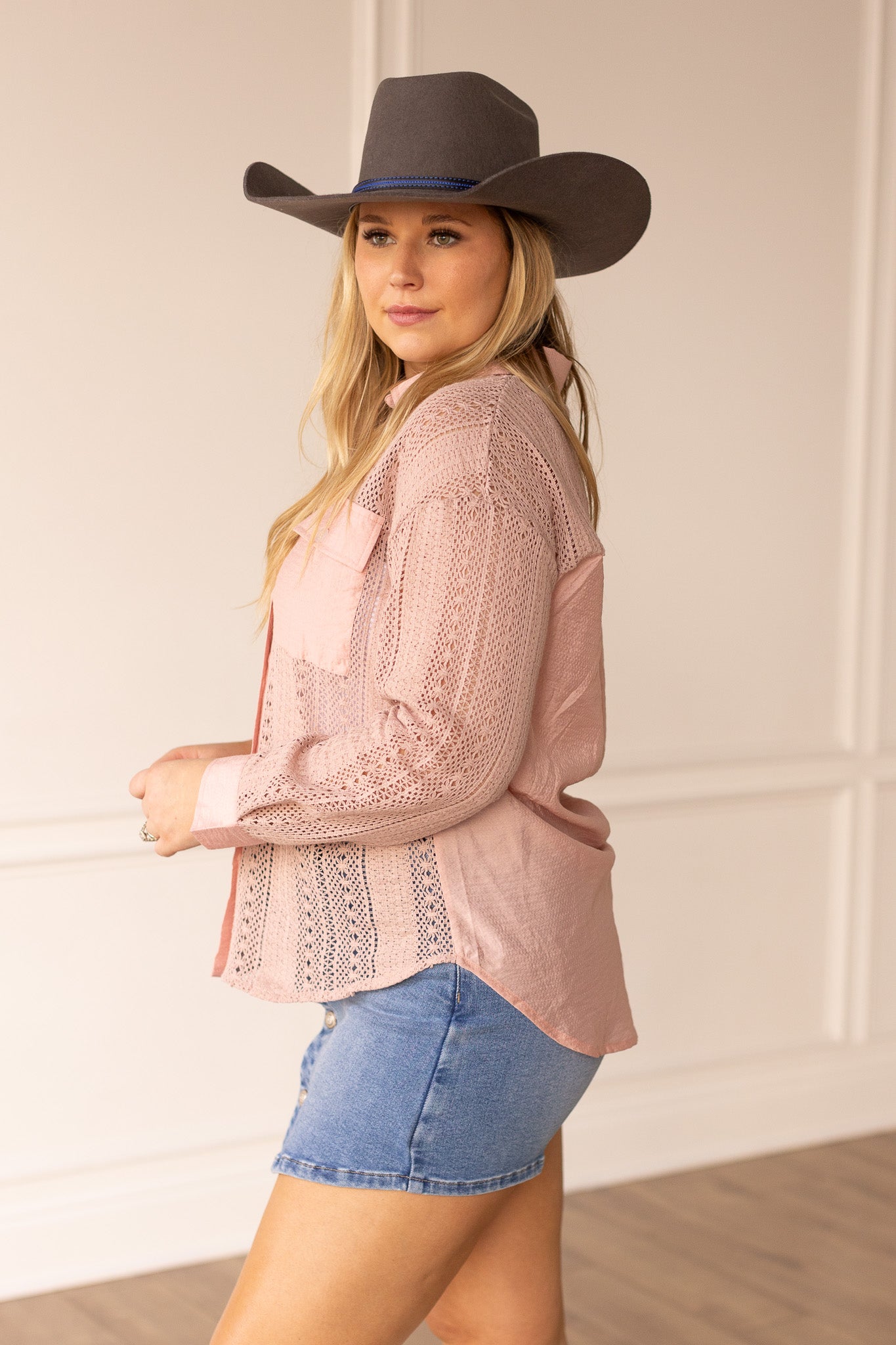 Lace Button Up, Pink