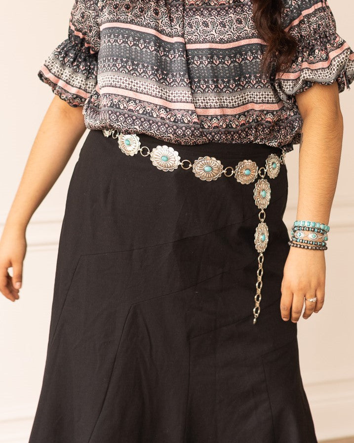 She Is Fearless Floral Silver Concho Link Belt