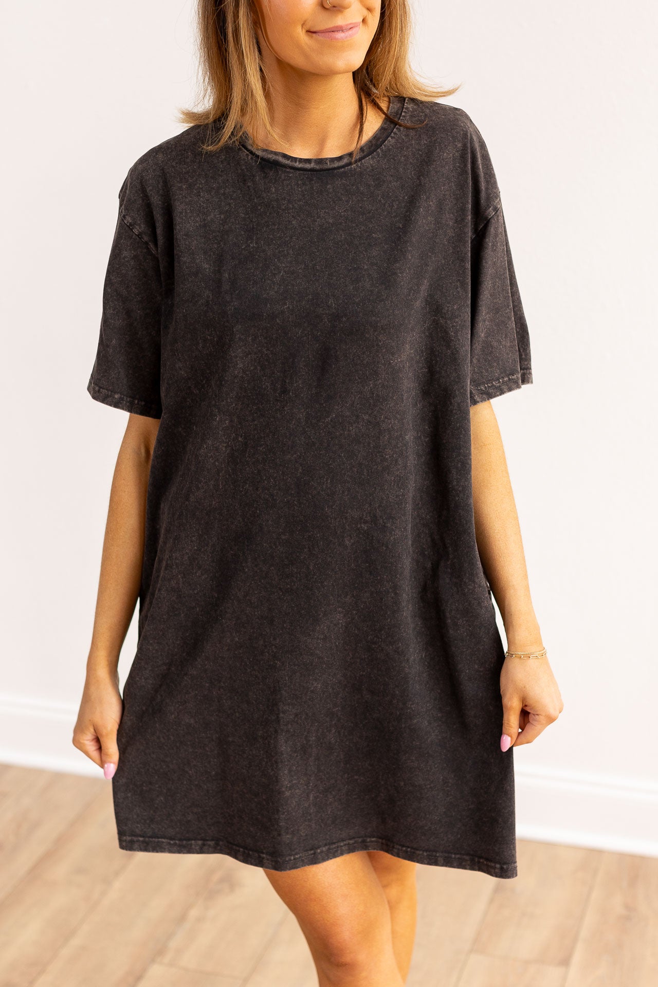 Black Wash Tee Shirt Dress With Pockets