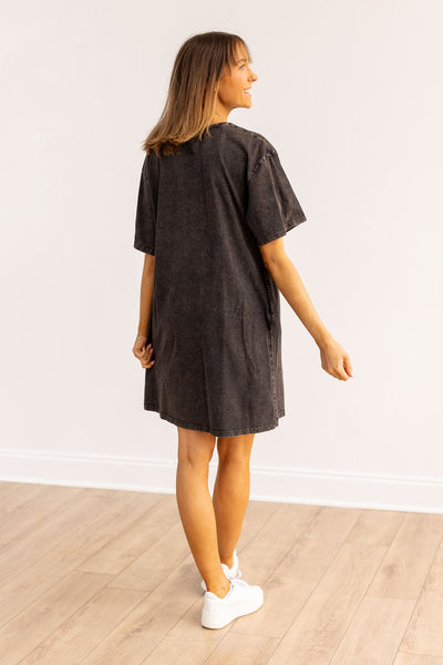 Black Wash Tee Shirt Dress With Pockets