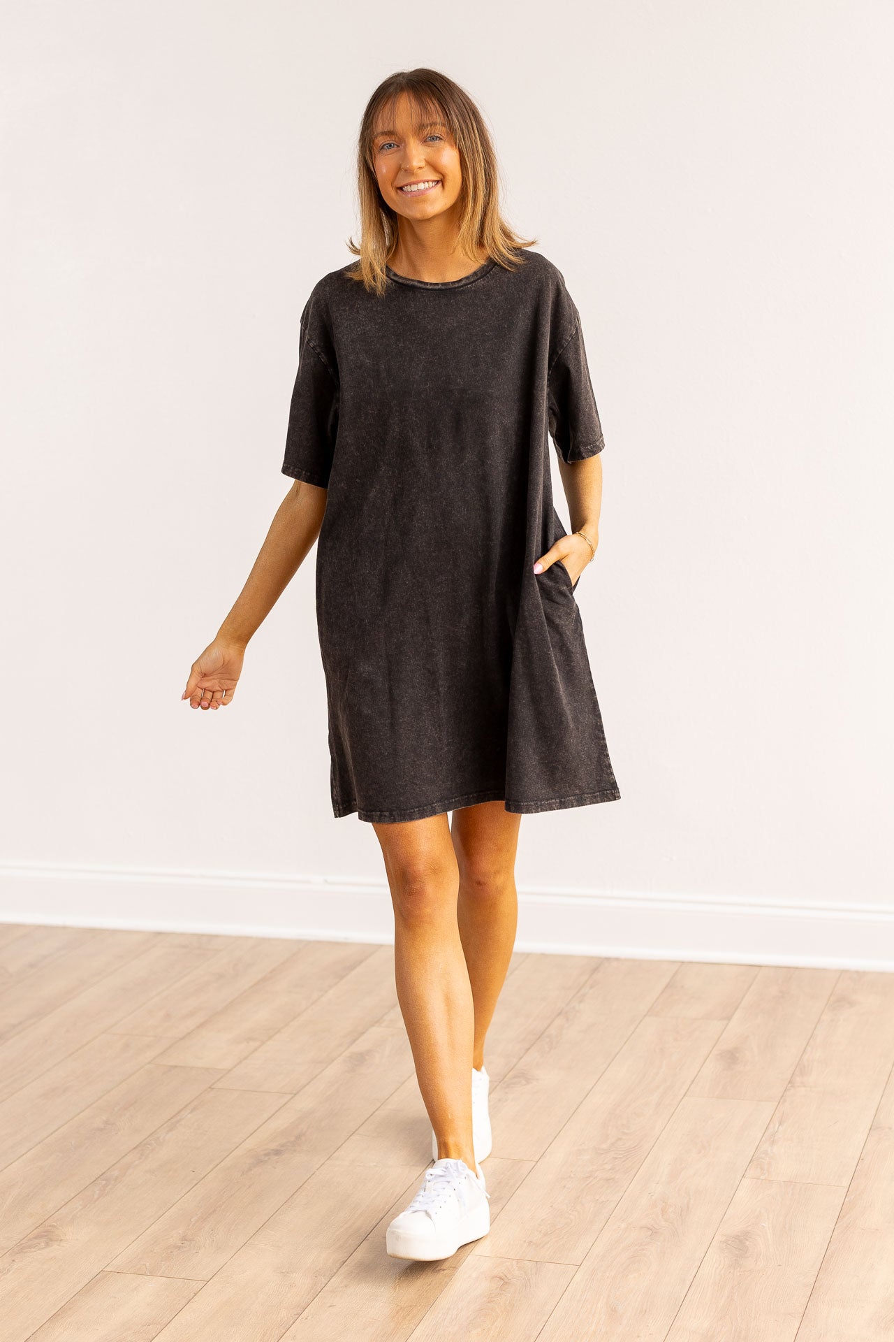 Black Wash Tee Shirt Dress With Pockets