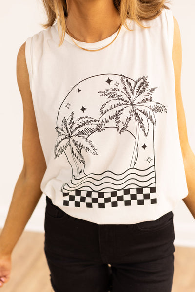 Checkers and Palm Trees Tank, White