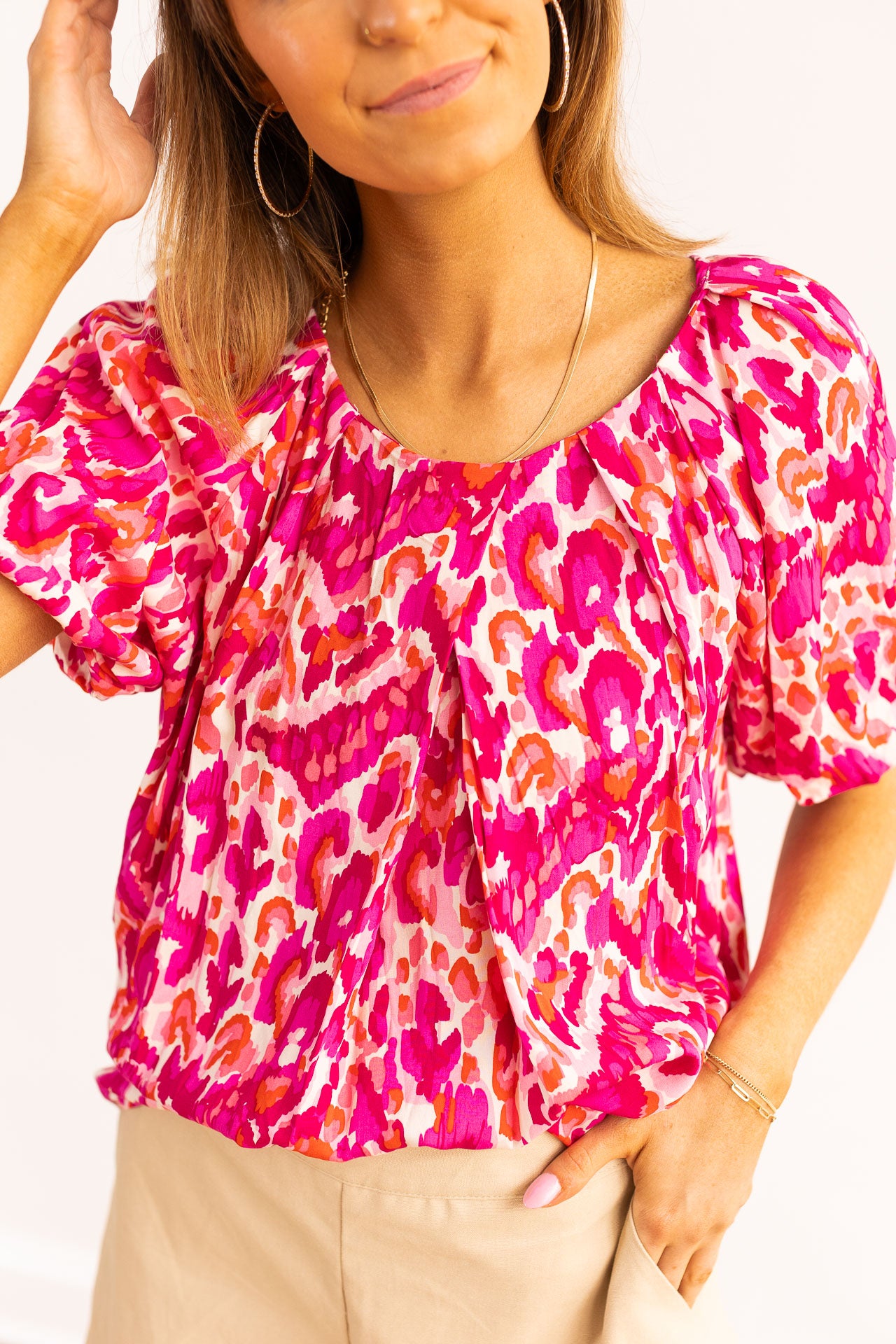 Watercolor Leopard Puff-Sleeve Blouse, Pink