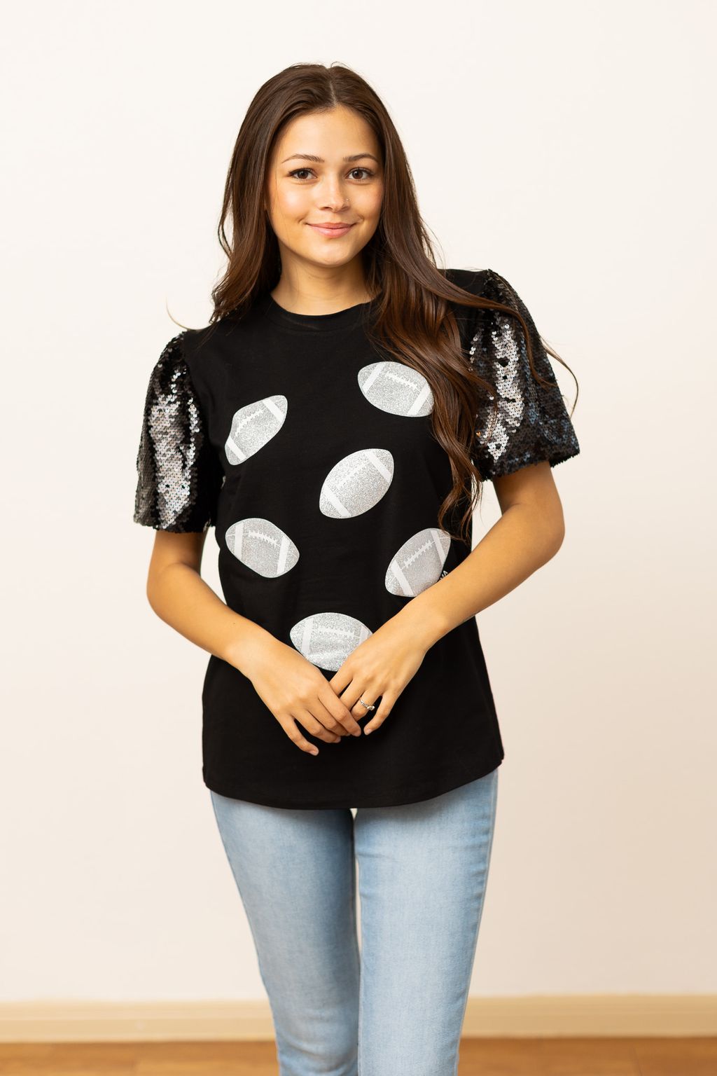 Footballs on Black Top with Sequin Puff Sleeve