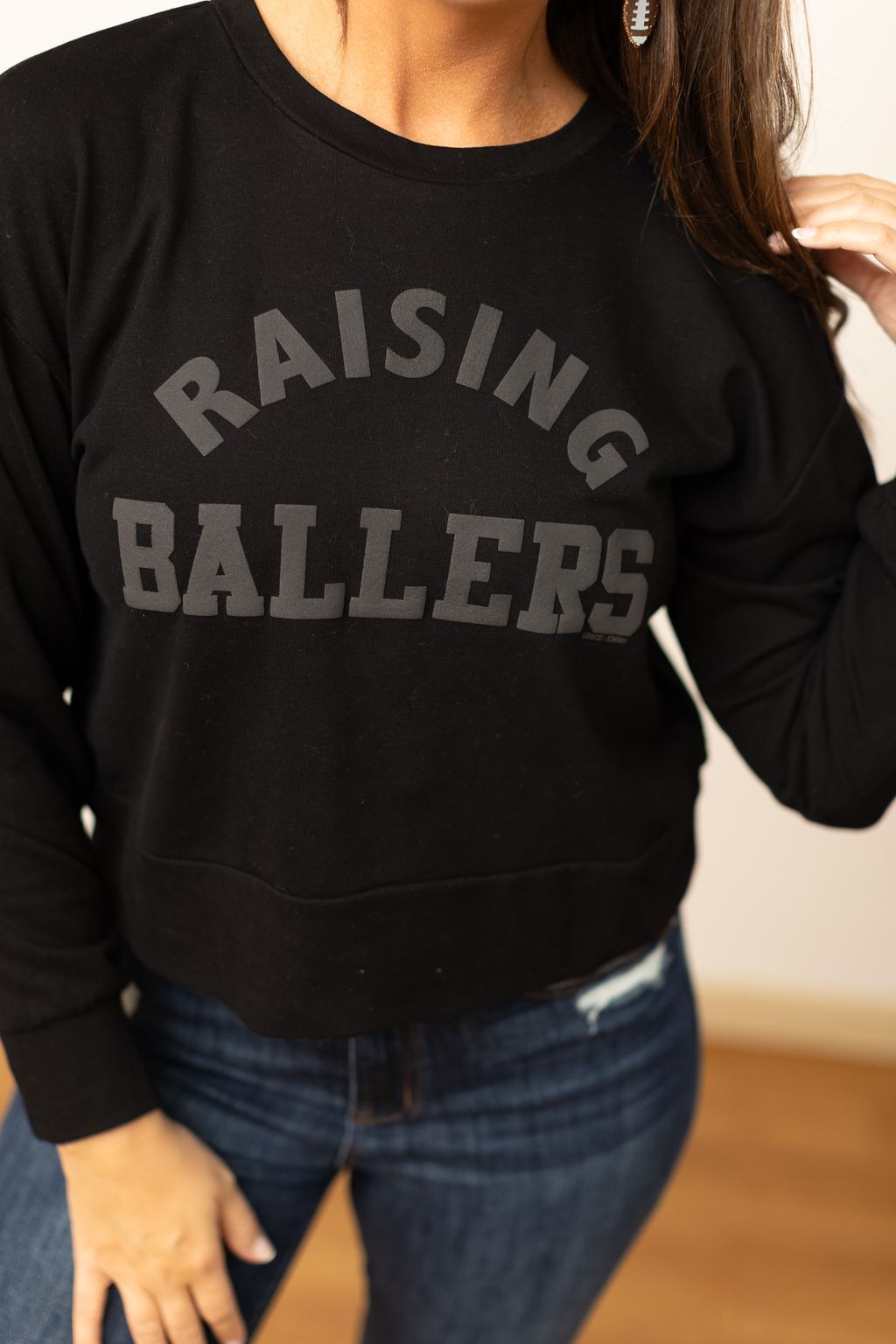 'Raising Ballers' on Black Cropped Sweatshirt