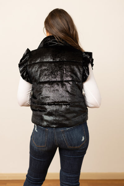 Black Shimmer Ruffle Sleeve Puffer Vest