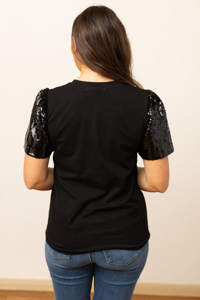 Halloween Bow on Black Top With Sequins Puff Sleeve