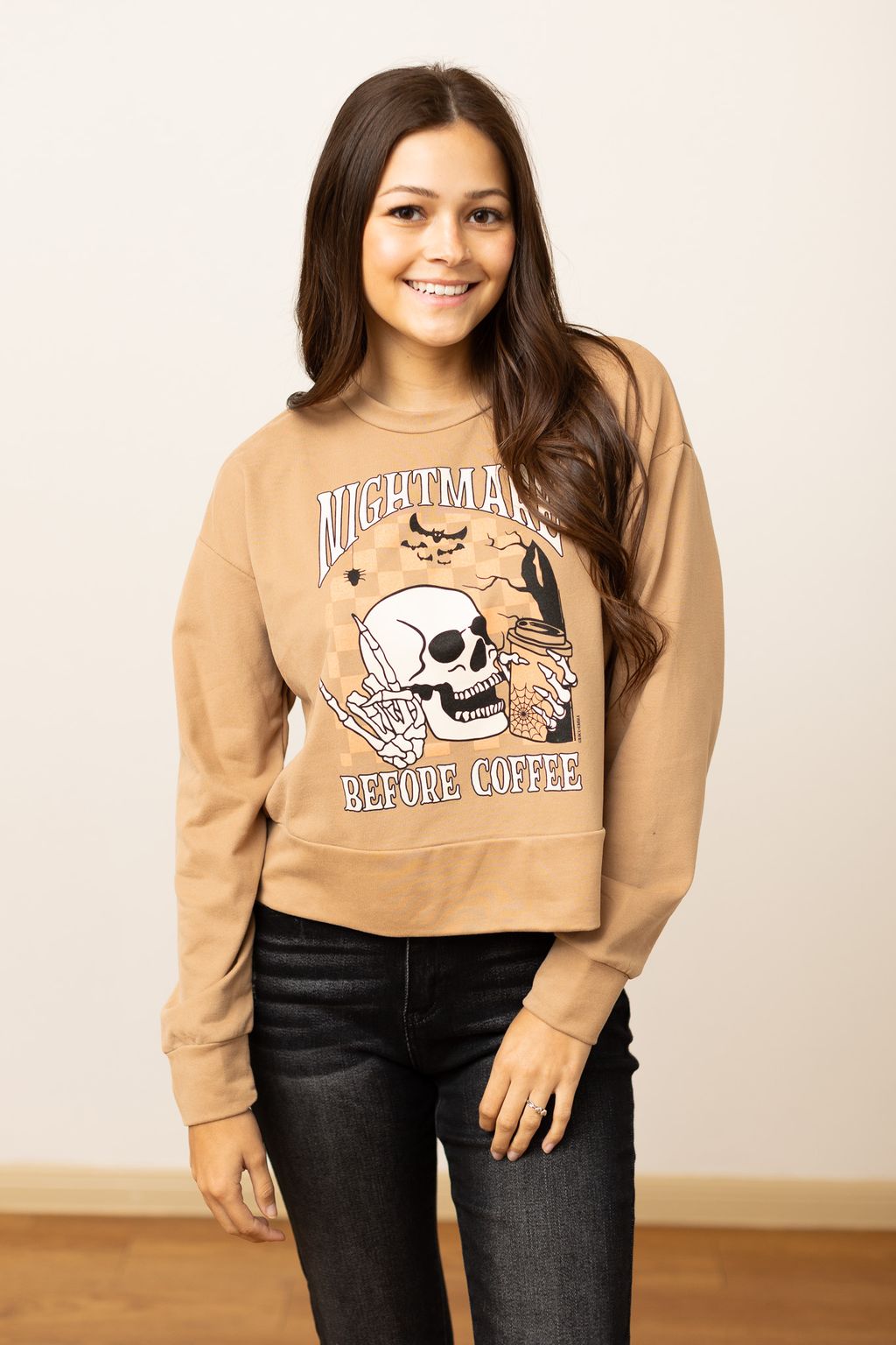 Nightmare Before Coffee on Tan Cropped Sweatshirt