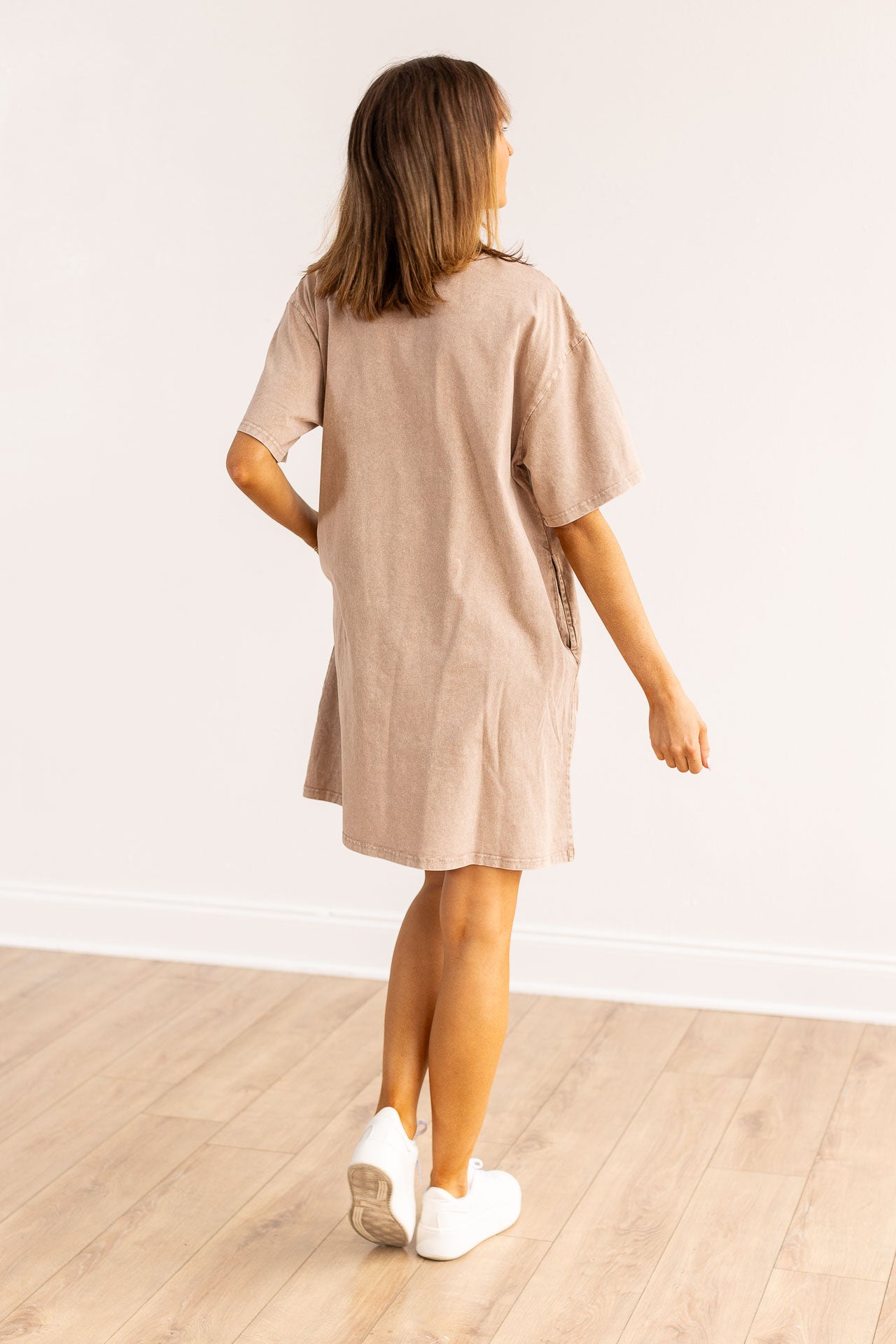 Horses T-Shirt Dress with Pockets, Beige