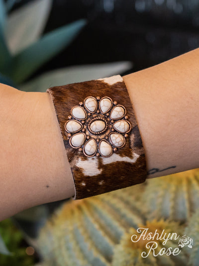 Cowhide Wristband with Cream Concho Detail